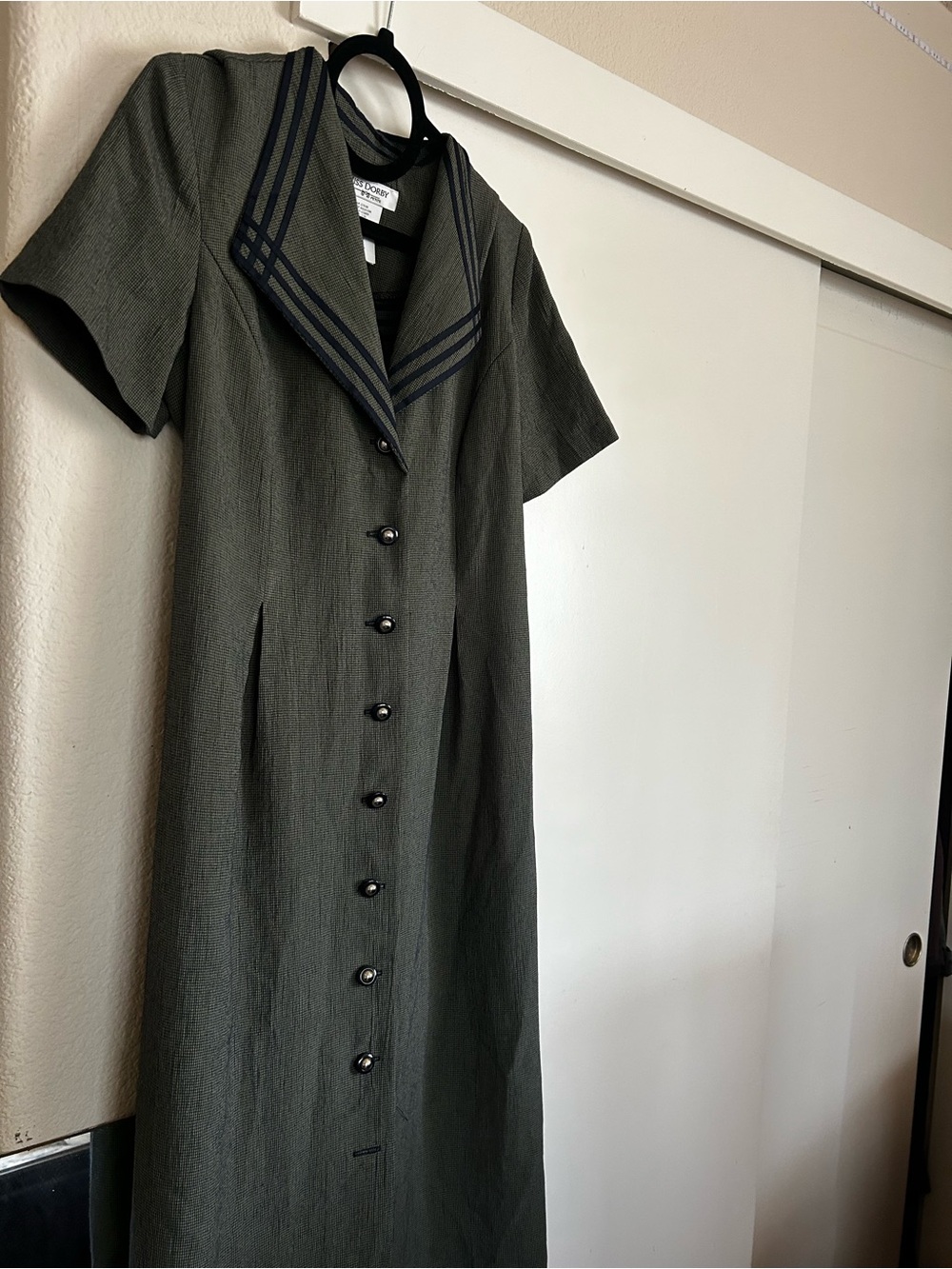 Classic Olive Green Maxi Dress with Navy Trim